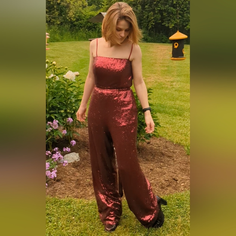 Burgundy women's jumpsuit size 8, from Dessy collection Vivian diamond